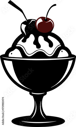 Ice cream sundae in a glass bowl with syrup and cherry black Silhouette  , white background 