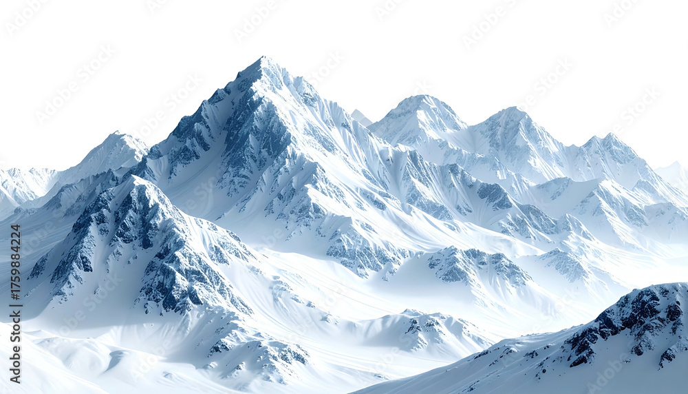 Fototapeta premium Majestic snow-covered mountain range with jagged peaks against a transparent background