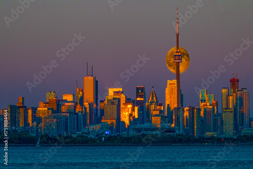 Toronto Skyline at full moon alignment behind CN Tower