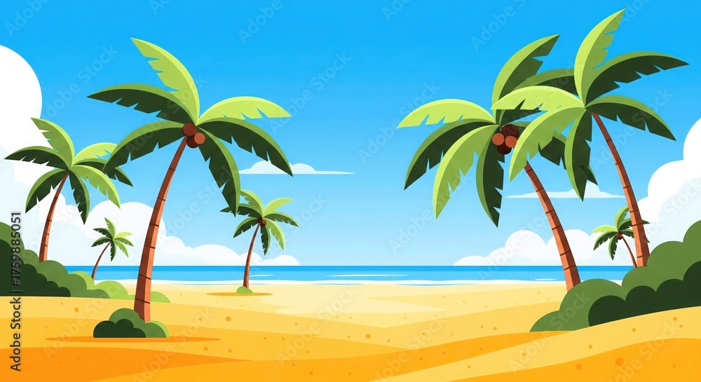 Obraz premium Tropical Beach with Palm Trees. Flat Vector Summer Vacation Background.