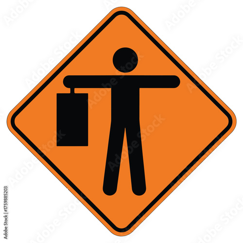 Orange diamond sign shows a black silhouette of a person holding a sign