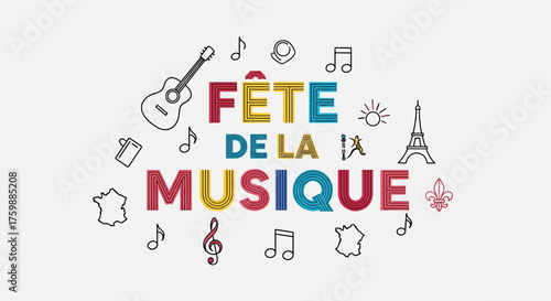 Celebrate vibrant Fête de la Musique with guitar, Eiffel Tower, and musical notes, perfect for summer festival promotions and festive event invitations