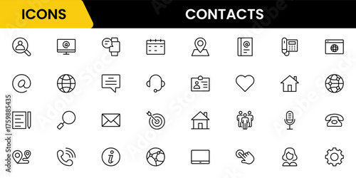 Contact us line icon set. Chat, name, address, email, message, phone, and more. Outline vector icon in linear style. Conceptual pictogram collection