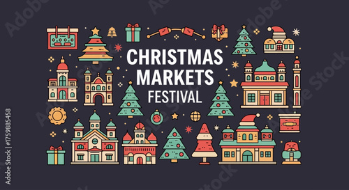 Vibrant Christmas markets and festive scenes create a joyful holiday atmosphere perfect for seasonal promotions and design projects