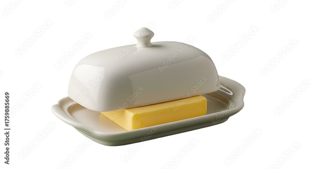 Fototapeta premium A yellow butter stick is kept fresh under a white ceramic butter dish, a still life on a table.