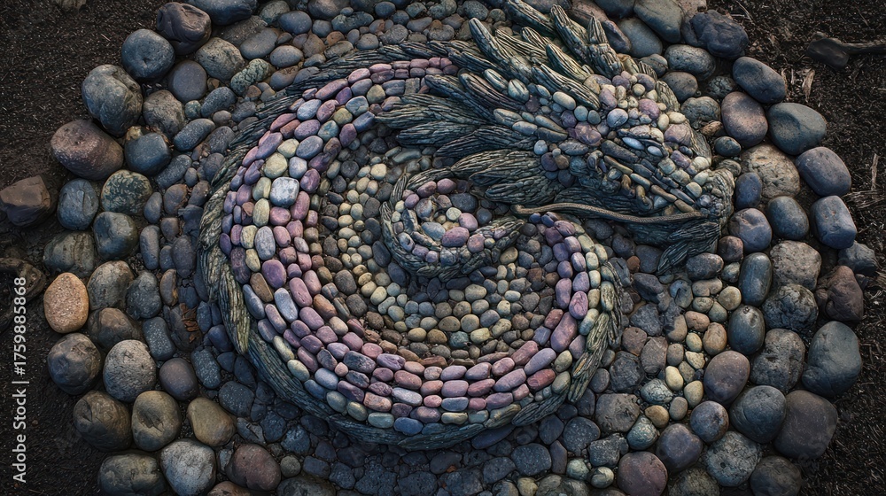 Fototapeta premium Abstract artwork of a coiled dragon constructed from various colored stones