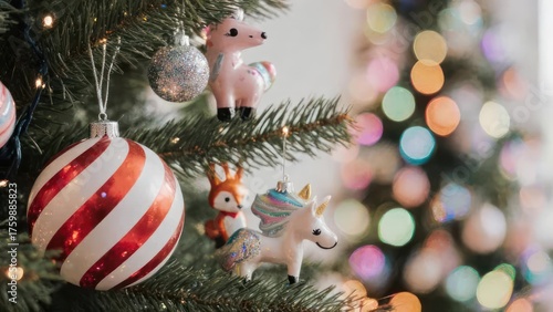 Festive Christmas Tree Decorations with Ornaments and Unicorn Figurines.