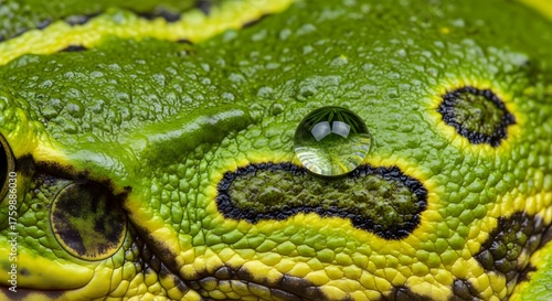 Stunning macro detail captures vibrant green frog skin texture with a single dewdrop reflecting lush foliage creating natural beauty