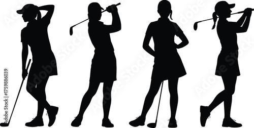 A set of Girl golf players silhouettes in black vector silhouettes 
