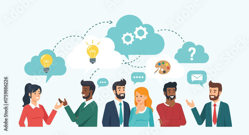 Creative teamwork and idea sharing concept, diverse people discussing innovation and project collaboration through cloud technology, brainstorming communication and online connection illustration