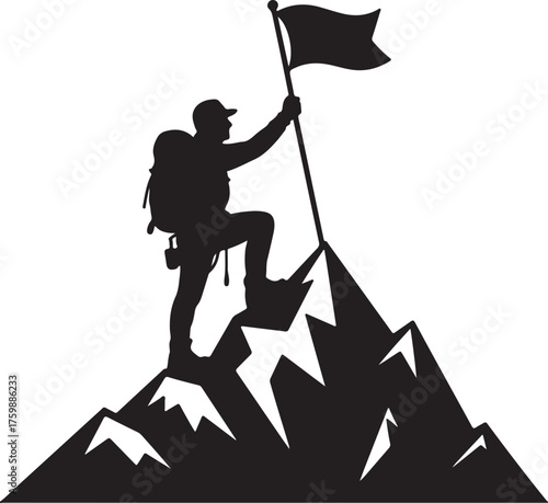 Silhouette of a mountain climber reaching the summit