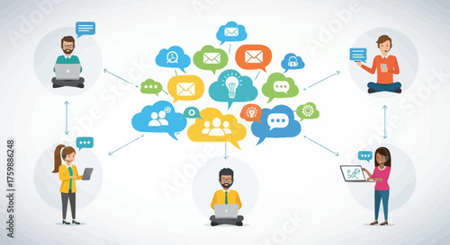 Teamwork and online communication concept, people connected through digital cloud network sharing ideas, messages, and collaboration across devices, remote work, social media, and technology concept i