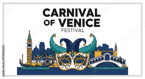 Experience the vibrant magic of the Carnival of Venice festival with iconic landmarks and a stunning masquerade mask illustration.