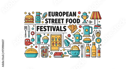Celebrate vibrant European street food festivals with this colorful collection of delicious icons perfect for culinary promotions and event marketing.