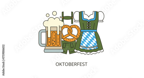 Celebrate Oktoberfest with a frothy beer stein, traditional pretzel, and iconic lederhosen and dirndl attire