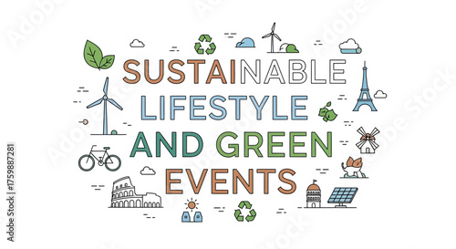 Embrace a sustainable lifestyle and plan eco-friendly green events with this vibrant collection of icons and text elements