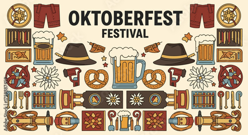 Vibrant Oktoberfest festival elements with beer mugs, pretzels, hats, and traditional patterns creating a festive atmosphere perfect for celebrations