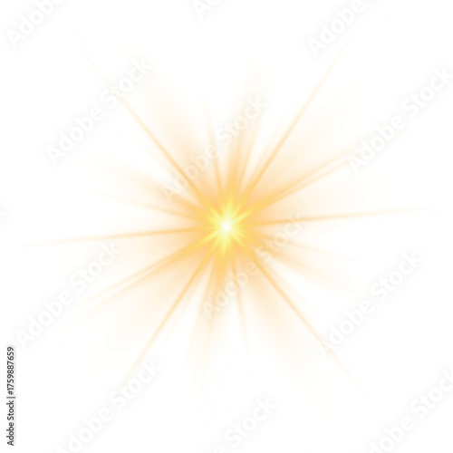 Yellow sun, a flash, a soft glow without departing rays. Star flashed with sparkles isolated on white background. Vector illustration of abstract yellow splash.