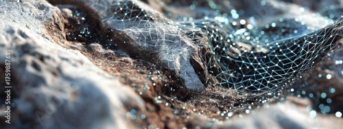 Abstract Holographic Mesh Texture of Organic Earth Rock Formation with Detailed 1D Geometry and Sparkling Elements