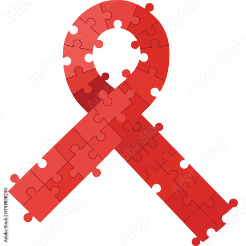 Red Ribbon Made of Puzzle Pieces awareness support symbol unity hope solution cause charity disease aid
