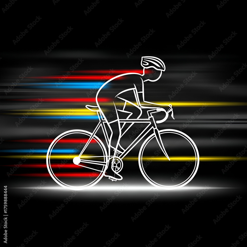 Fototapeta premium Dynamic illustration of a cyclist in motion, capturing the speed and energy of the sport with vibrant streaks of light against a dark background