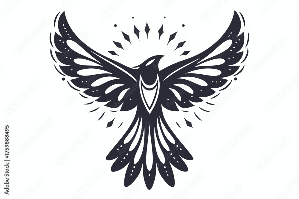Obraz premium Stylized monochrome bird soars with intricately detailed wings above, radiating diamond shaped light
