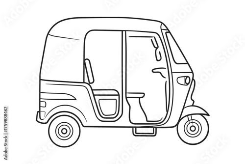 Line drawing of a three wheeled auto rickshaw vehicle