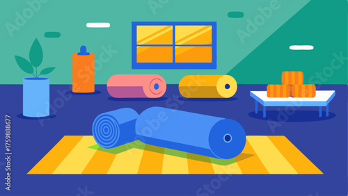 A designated area for stretching and foam rolling with mats and foam rollers provided.