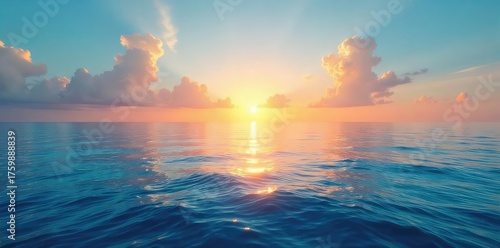 Vast, unending ocean horizon  Calm, flat sea surface meets the sky, creating a tranquil and serene seascape  Perfect for travel, nature, or meditation themes  Sun reflecting on water ,  light,  sun