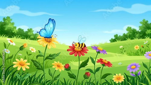 Cartoon Meadow: Butterfly, Bee, and Colorful Flowers in a Summer Landscape