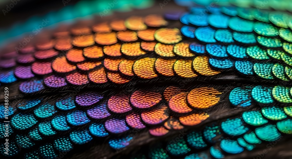 Fototapeta premium Stunning iridescent scales shimmer with vibrant rainbow hues, showcasing intricate natural texture and dazzling light play for a luxurious feel.