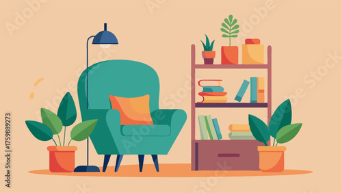 A cozy reading nook with a minimalist armchair and a small bookshelf filled with plants.