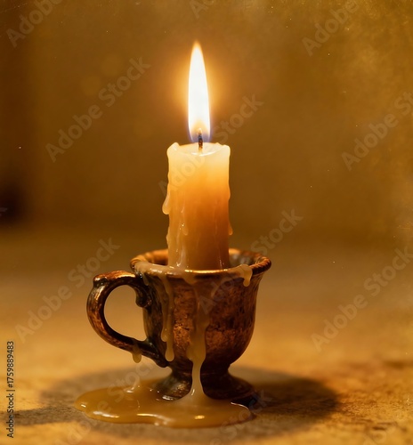 Close-up of a single burning candle in an antique candlestick holder, with melting wax dripping down, creating a serene and nostalgic atmosphere