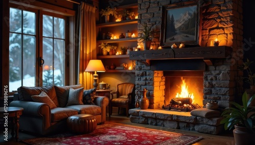 Cozy living room with warm fireplace glowing, providing a relaxing and inviting atmosphere perfect for winter evenings Soft lighting enhances the comforting ambiance , hearth, candles, home decor