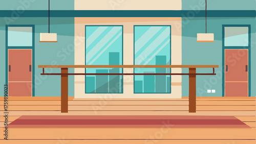 A dance studio with hardwood floors walltowall mirrors and ballet barres where students can practice and perfect their craft.
