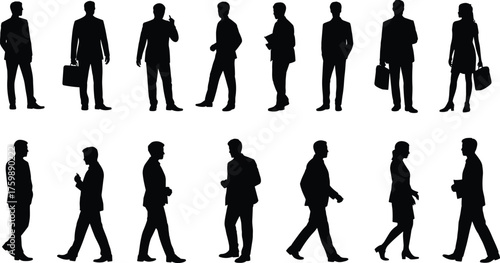 Business professional silhouettes, formal attire, black figures, workplace interaction, briefcase pose, walking stance, white background, corporate concept, gender diversity, minimal design