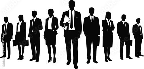 Business professionals silhouette, corporate team lineup, leadership concept, formal attire illustration, black and white design, teamwork symbol, professional group pose