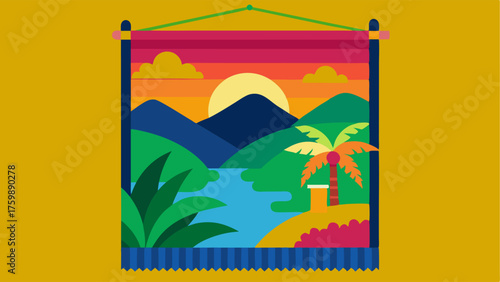 A brightly colored handwoven tapestry featuring a tropical landscape hanging on the wall as a focal point.