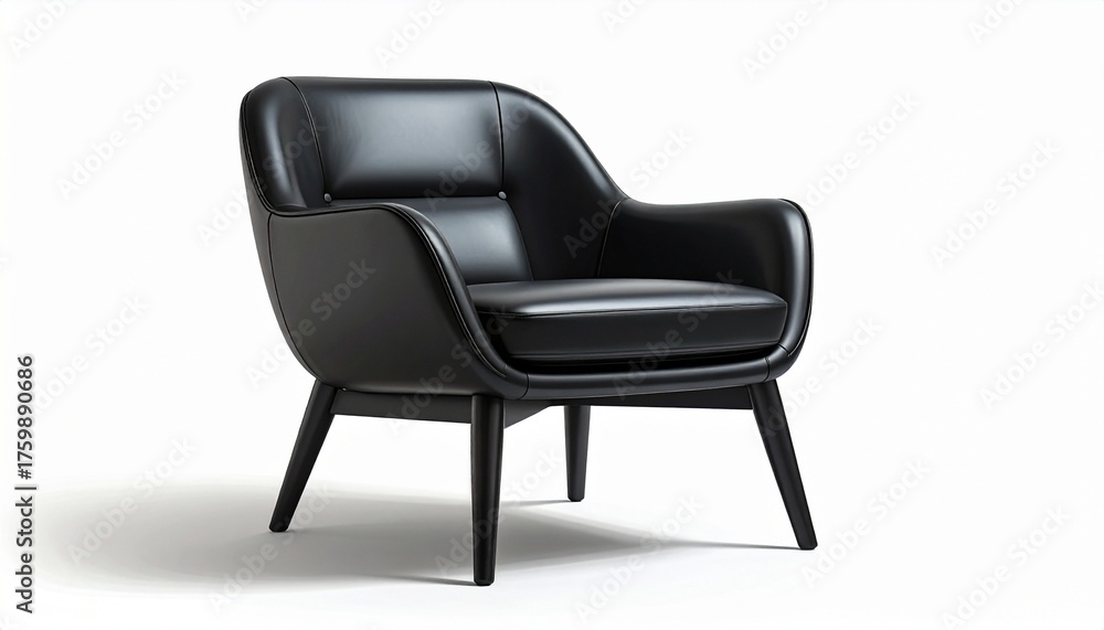 Naklejka premium Modern black armchair with sleek leather upholstery, curved backrest, integrated armrests, and angled wooden legs—ideal for contemporary interior design and furniture showcases.