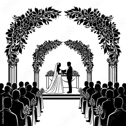 Elegant wedding ceremony illustration with floral arches and silhouettes of guests in attendance
