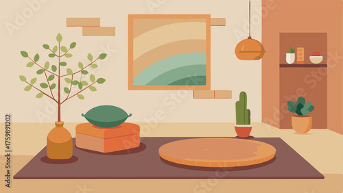 A cozy corner with a floor cushion a woven wall hanging and a small bonsai tree.