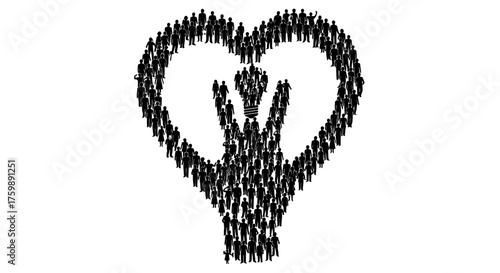 Heart-shaped crowd embracing a hand, symbolizing unity, support, and community
