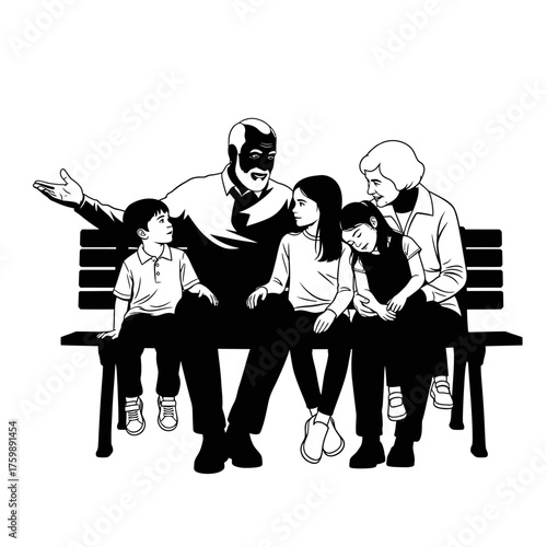 Family enjoying time on a park bench grandparents with their grandchildren together
