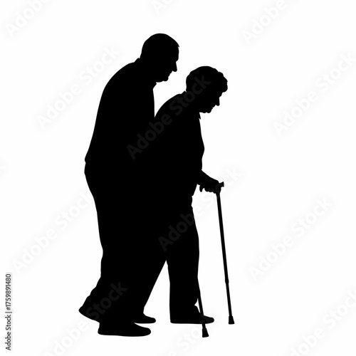 Assisting Elderly Person with Cane Silhouette of Care and Support
