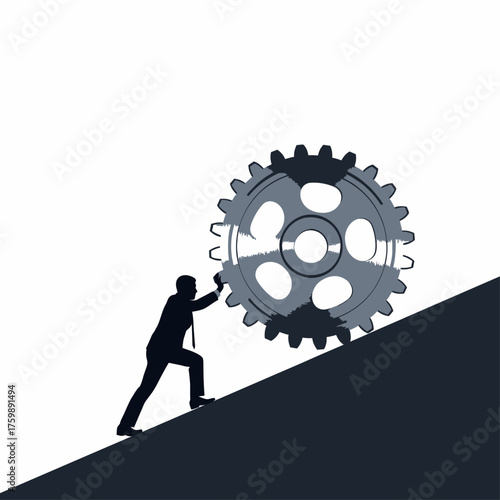 Businessperson pushing gear uphill overcoming obstacles in teamwork and success