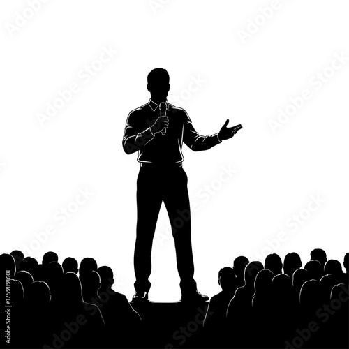 Public Speaking Silhouette of a Speaker Engaging with an Audience in Black and White
