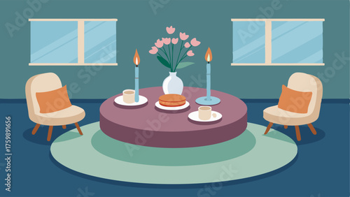 A cozy dining space with a low round table and a few floor cushions instead of chairs. The table is adorned with a simple flower arrangement and a few white candles.