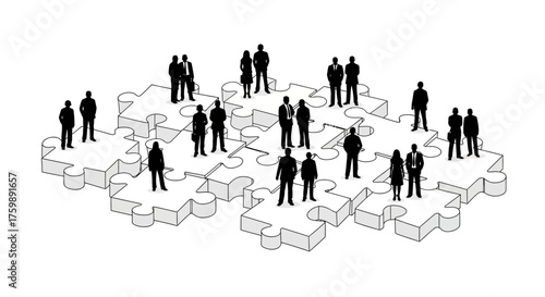 Teamwork and collaboration concept Business people standing on interconnected puzzle pieces