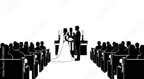 Silhouette Wedding Ceremony Bride and Groom Exchanging Vows in a Church with Guests