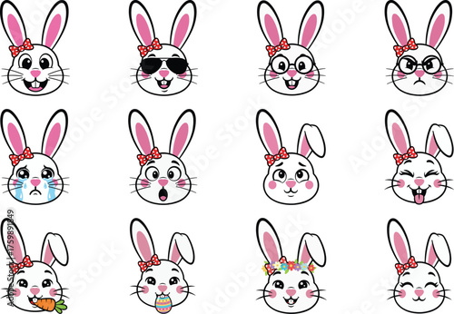 Cute Bunny Emoticon Face Vector Set Kawaii Rabbit Emoji Pack for Easter and Spring